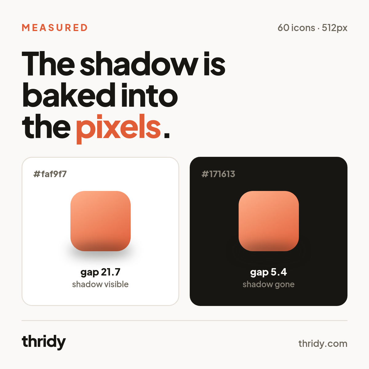 The Shadow in Your 3D Icon Is Baked In. On Dark, It Vanishes.